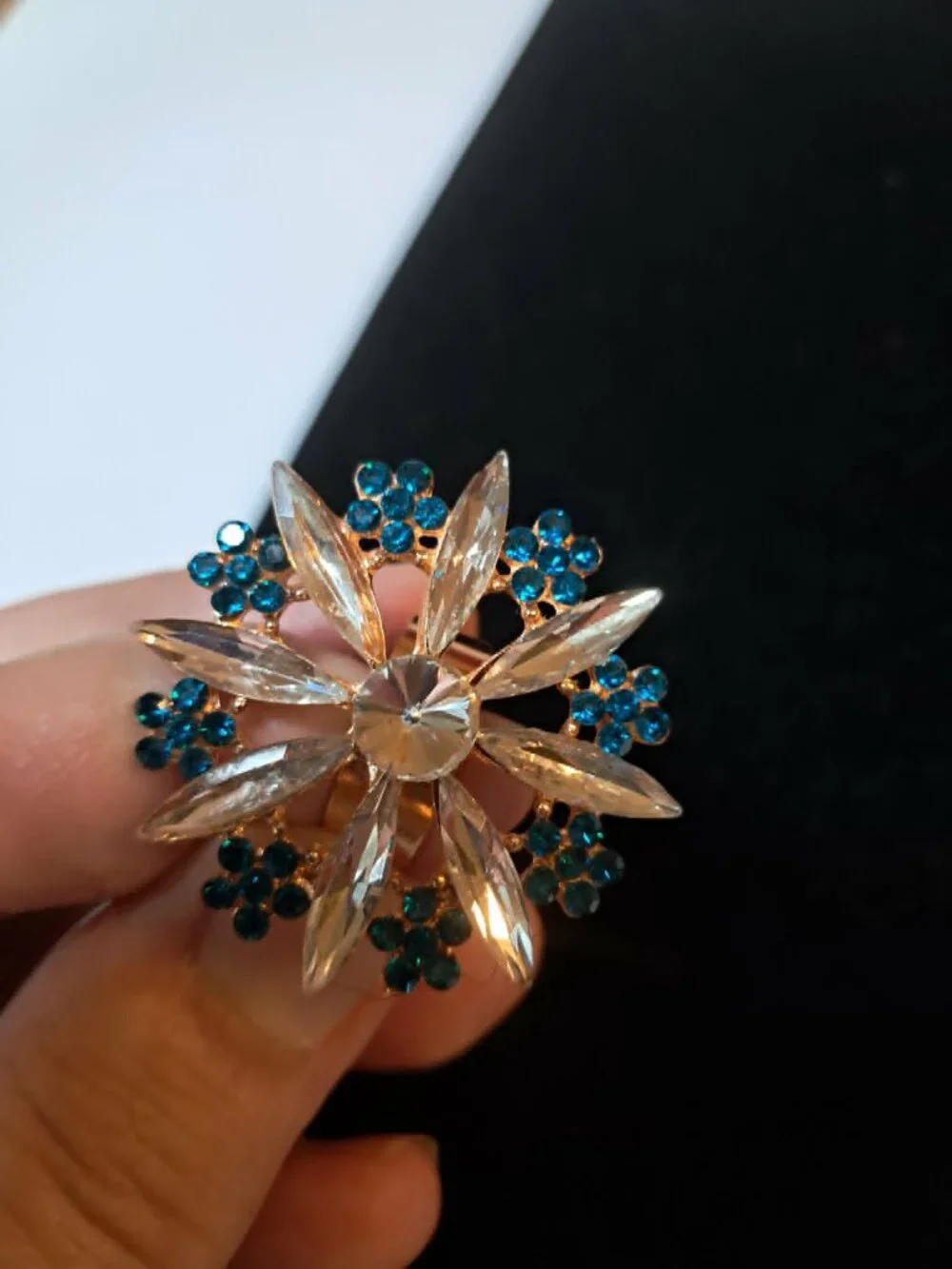 Vintage Gold Tone Floral Star Adjustable Rhinestone Ring